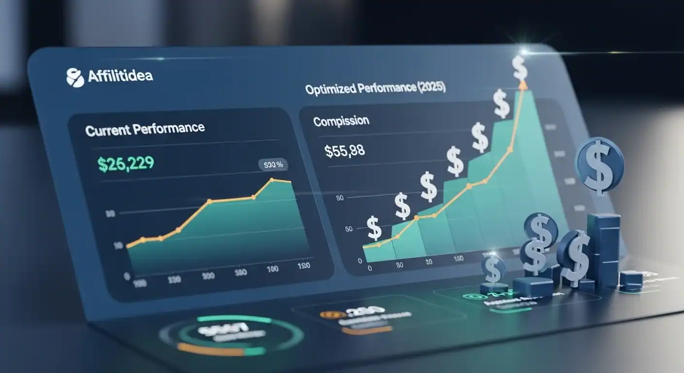 Digital dashboard with a comparison chart and rising revenue graphs, symbolizing an affiliate program tool used to compare options and boost commissions. Features data analysis and financial growth indicators for affiliate marketing.